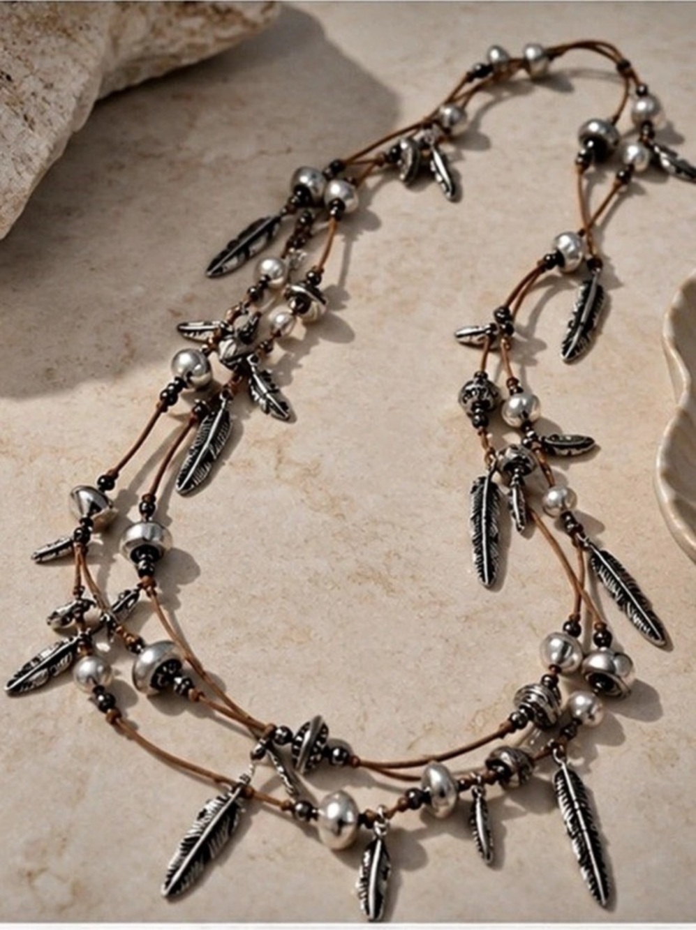 Multi Layer Feather Bead Choker Necklace - Picture 3 of 5